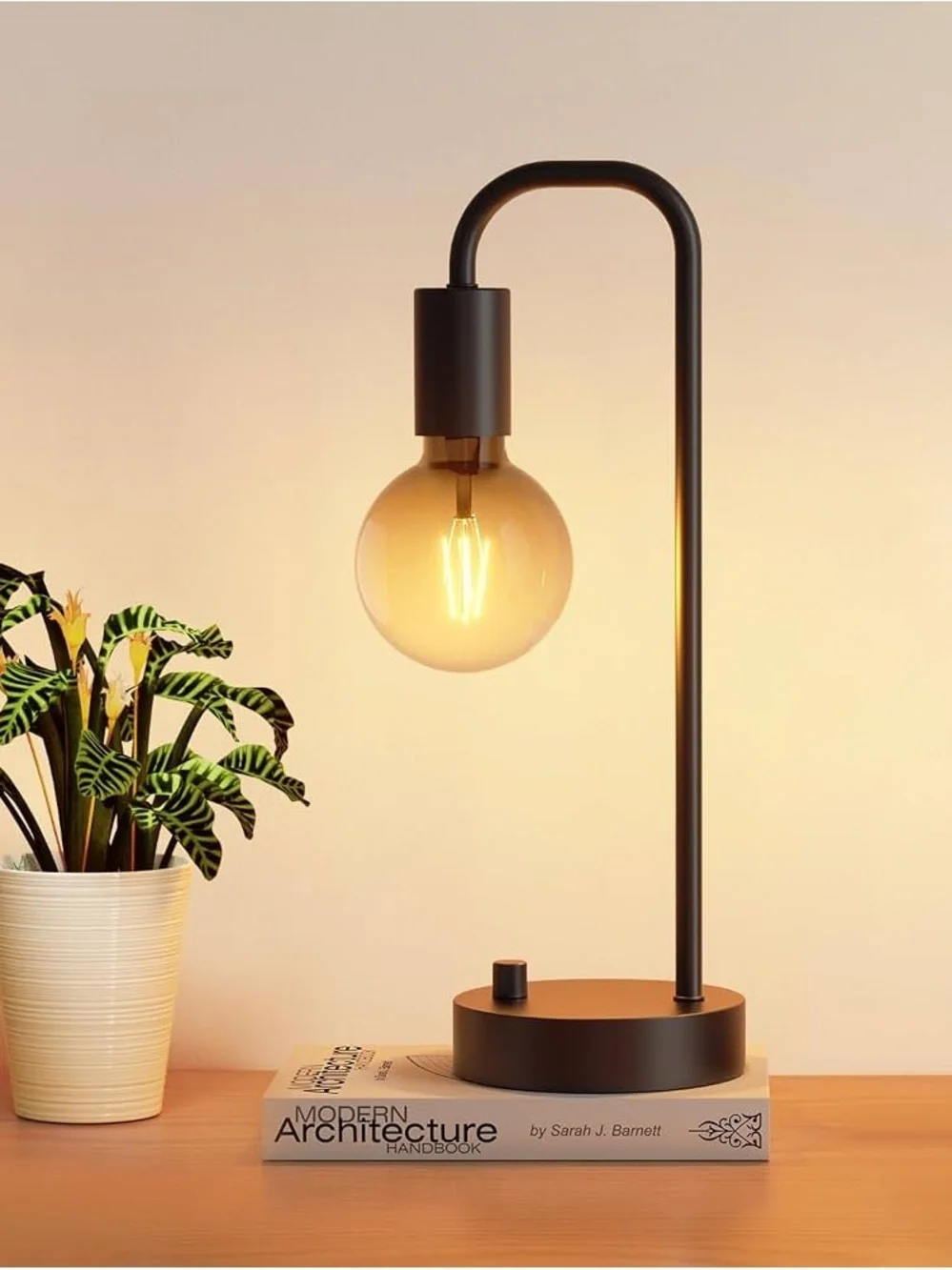 Modern Black Metal Table Lamp with Amber Glass Bulb Dimmable